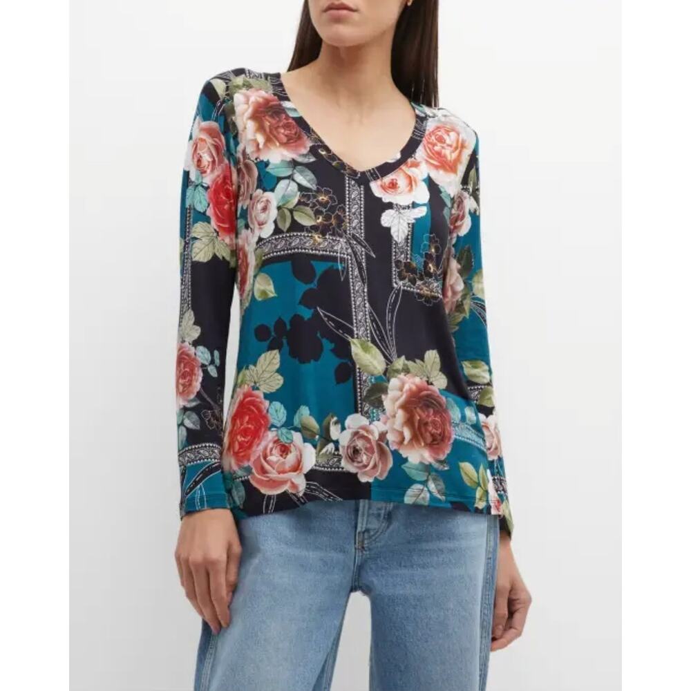 Johnny Was The Janie Favorite Rose Print V Neck Long Sleeve Top XS